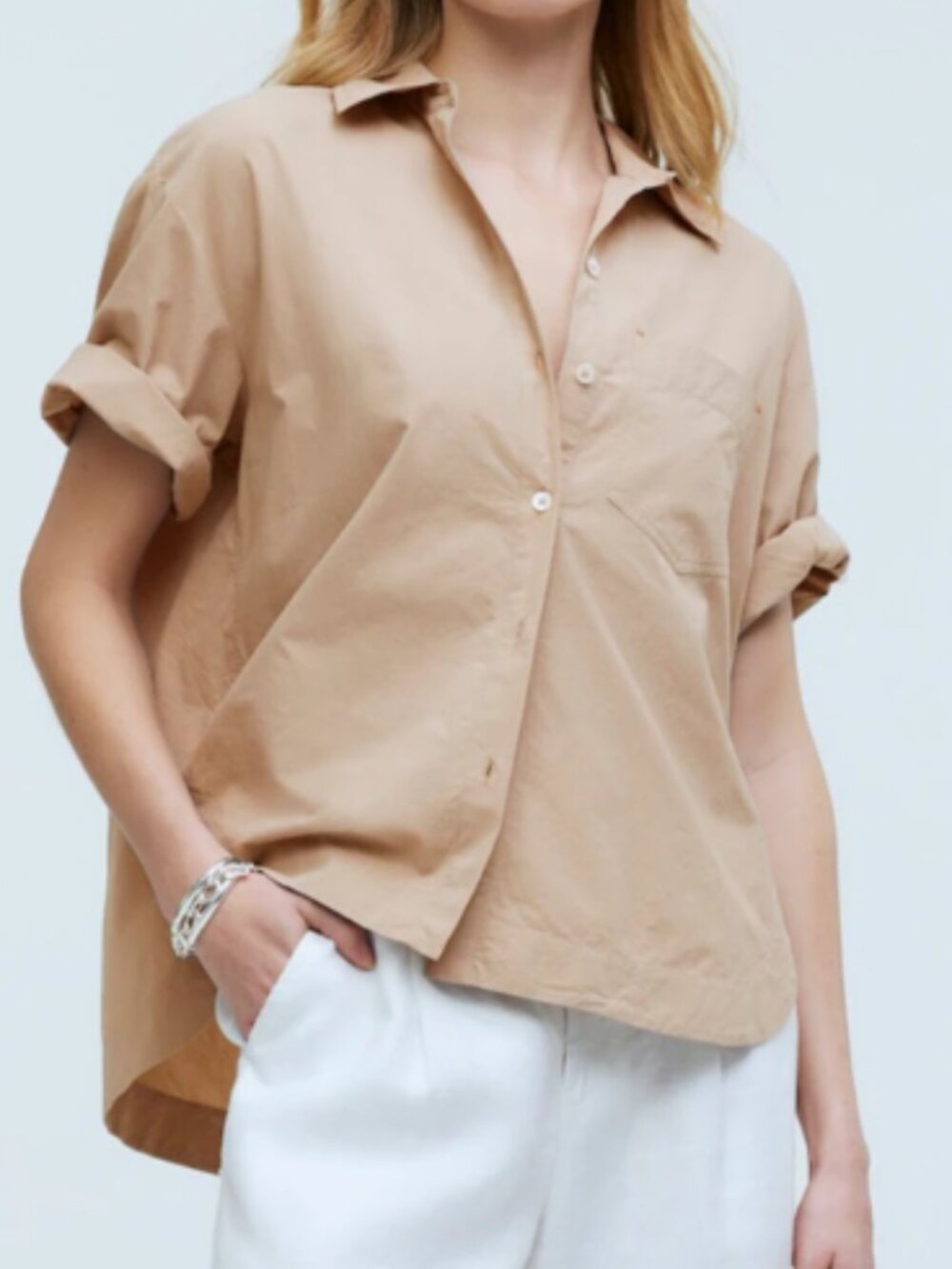 Madewell Cropped Button-Down Shirt in Light Tan
